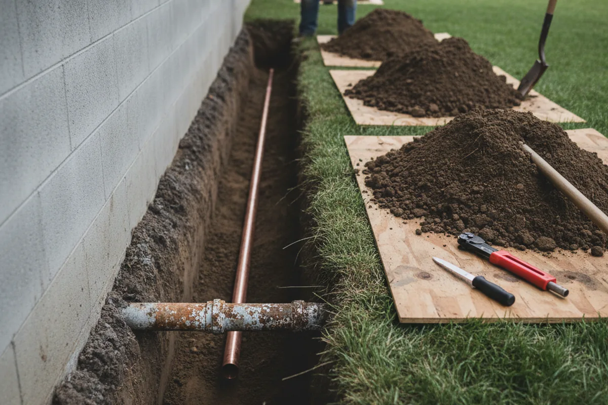 Excavated water line trench during Water Heater Repair in South Wilmington